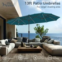 PHI VILLA 13Ft Double-Sided Umbrella - Solar Powered LED Lights, Adjustable Crank, And Durable Construction -Phi Villa Phi villa 13ft double sided umbrella in led lights10