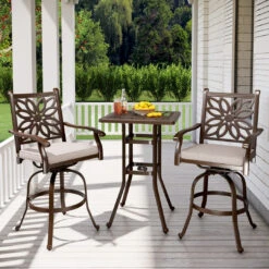 Phi Villa 3-Piece Cast Aluminum Square Table & 2 Patio High Swivel Bistro Bar Stools Chairs Set