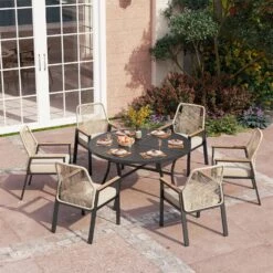 5/7-Piece Patio Dining Set With Patterned Round Table & Stylish Rattan Rope Chairs-Phi Villa