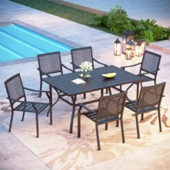 Phi Villa 7-Piece Patio Dining Set 6 Bullseye Pattern Chairs & Steel Rectangle Table -Phi Villa bullseye pattern stackable chairs 6 seat dining set e5207cfd c3ab 415e 8e8f efc67cdb6fa0
