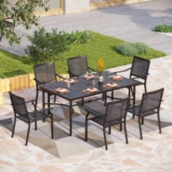 Phi Villa 7-Piece Patio Dining Set With 6 Fixed Stackable Chairs & Enlarged Steel Rectangle Table