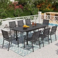 Phi Villa 7-Piece / 9-Piece Patio Dining Set Fixed Stackable Chairs & Extendable Table -Phi Villa embossed expandable table dining set 8 seats