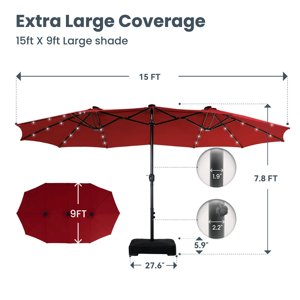 PHI VILLA 15ft 11-Color Double-Sided Patio Extra Large Umbrella With LED Lights 7 PHI VILLA 15ft 11-Color Double-Sided Patio Extra Large Umbrella With LED Lights - Image 5