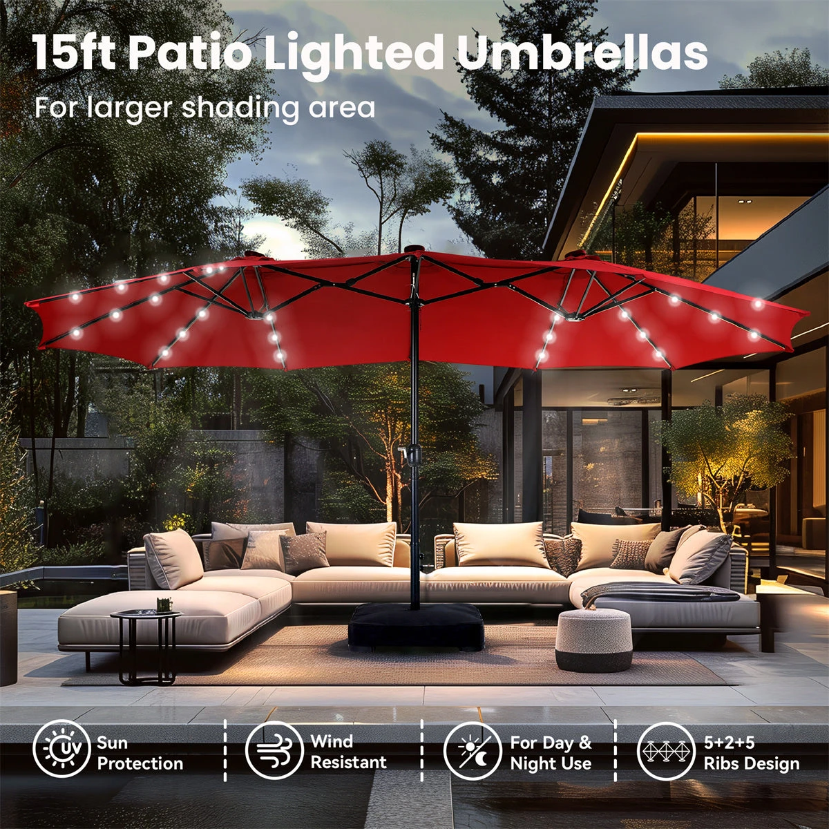 PHI VILLA 15ft 11-Color Double-Sided Patio Extra Large Umbrella With LED Lights 5 PHI VILLA 15ft 11-Color Double-Sided Patio Extra Large Umbrella With LED Lights - Image 3