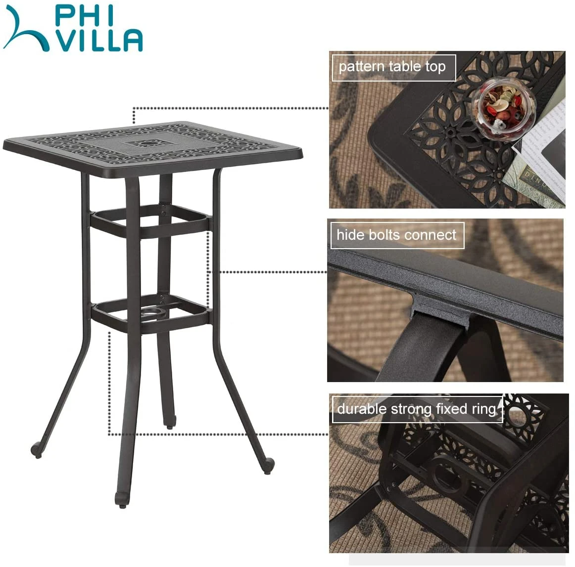 Phi Villa Cast Aluminum Square Patio Outdoor Bar Table 8 Phi Villa Cast Aluminum Square Patio Outdoor Bar Table - Image 6