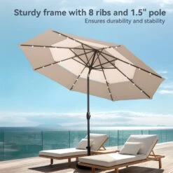 PHI VILLA 10ft 3 Tier Auto-tilt Patio Vented Umbrella With LED Lights -Phi Villa phi villa 10ft 3 tier auto tilt patio led umbrella04
