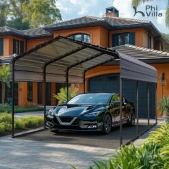 PHI VILLA Deluxe Heavy Duty Metal Outdoor Carport Canopy Multi-use Car Garage Shelter -Phi Villa phi villa 10x15 deluxe heavy duty metal outdoor carport canopy multi use car garage shelter