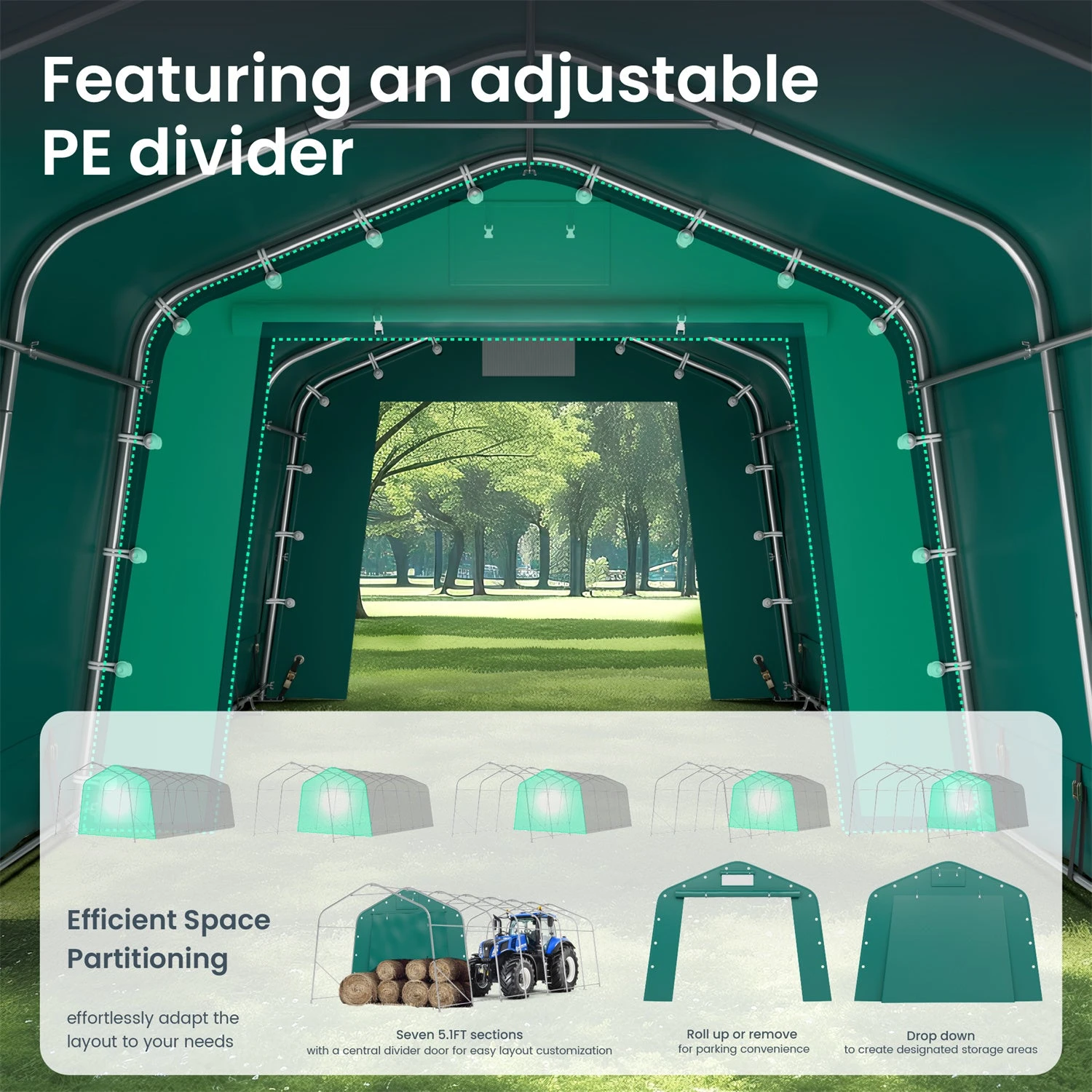 PHI VILLA Outdoor 11x32ft Green Storage Tent For Vehicles, Farm, And Agricultural Use 18 PHI VILLA Outdoor 11x32ft Green Storage Tent For Vehicles, Farm, And Agricultural Use - Image 16