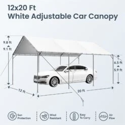 PHI VILLA 12'X20' White Carport Height Adjustable Outdoor Heavy Duty Car Storage -Phi Villa phi villa 12 x20 white carport outdoor heavy duty06