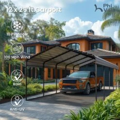 Phi Villa -Phi Villa phi villa 12x25ft deluxe heavy duty metal outdoor carport canopy multi use car garage shelter