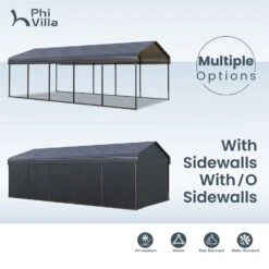 PHI VILLA Deluxe Heavy Duty Metal Outdoor Carport Canopy Multi-use Car Garage Shelter -Phi Villa phi villa 12x25ft deluxe outdoor carport canopy multi use car garage shelter with sidewall panel5