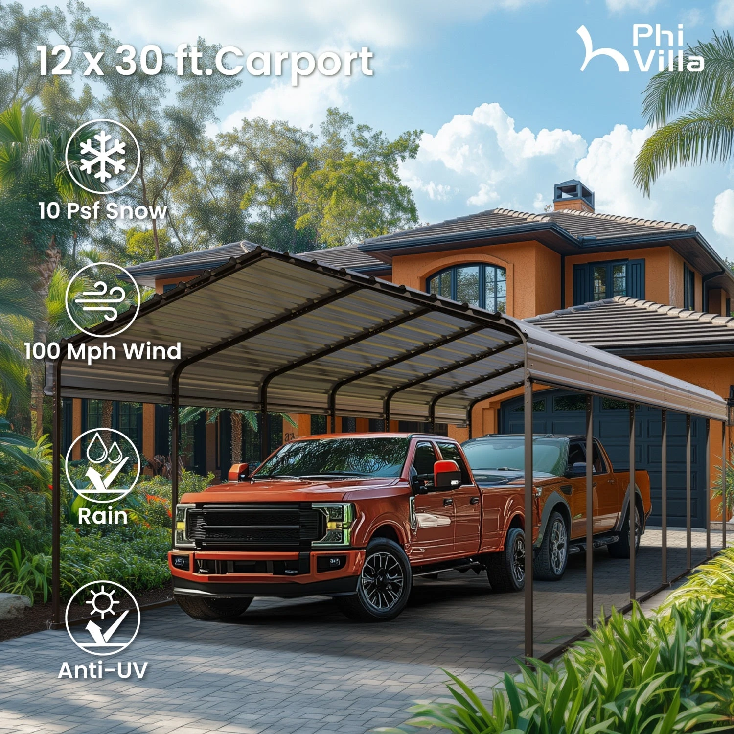 PHI VILLA 12x30ft 2 Car Deluxe Heavy Duty Metal Outdoor Carports 4 PHI VILLA 12x30ft 2 Car Deluxe Heavy Duty Metal Outdoor Carports - Image 2
