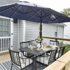 PHI VILLA 13Ft Double-Sided Umbrella - Solar Powered LED Lights, Adjustable Crank, And Durable Construction
