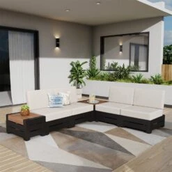 Phi Villa 4-Seater Outdoor Sectional Sofa With Deep Cushions And Wood Grain Table -Phi Villa phi villa 4 seater outdoor sectional sofa with deep cushions and wood grain table02