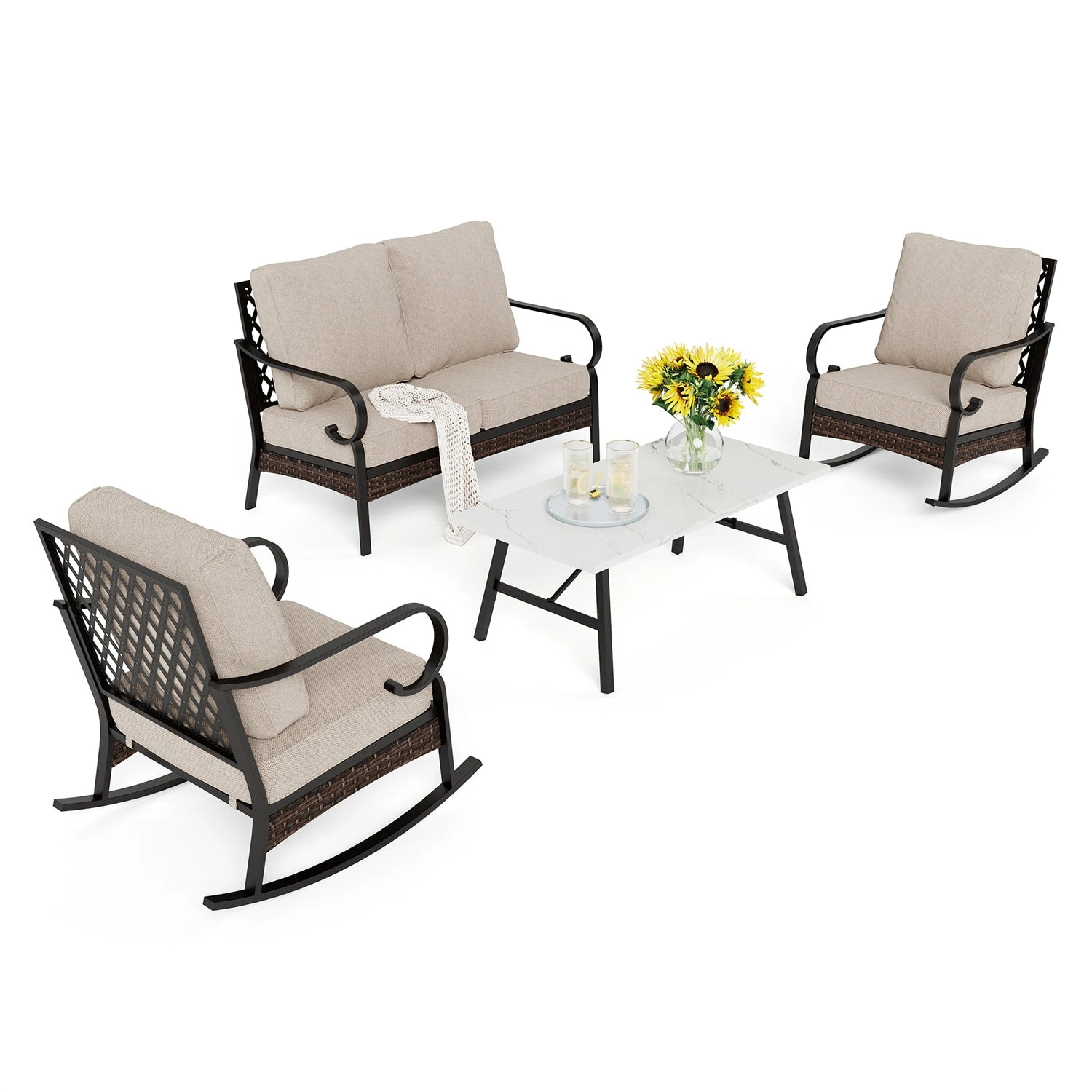 Phi Villa 4-Seater Outdoor Steel & Rattan Dark Color Sofa Set With Coffee Table 14 Phi Villa 4-Seater Outdoor Steel & Rattan Dark Color Sofa Set With Coffee Table - Image 12