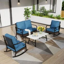 Phi Villa 4-Seater Outdoor Steel & Rattan Dark Color Sofa Set With Coffee Table