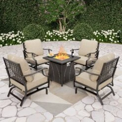 Phi Villa 4-Seater Outdoor Steel Conversation Sofa Set With Fire Pit Table -Phi Villa phi villa 4 seater outdoor steel conversation sofa set with fire pit table124