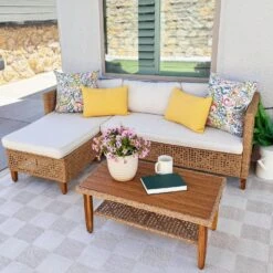 Phi Villa 4-Seater Patio Budget-Friendly Bohemian Wicker And Wood Sofa Set