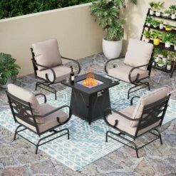 Phi Villa 4-Seater Patio Elegant Steel Sofa With Square Fire Pit Table