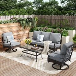 Phi Villa 5-Seater Outdoor Steel & Rattan Sofa Set With Coffee Table