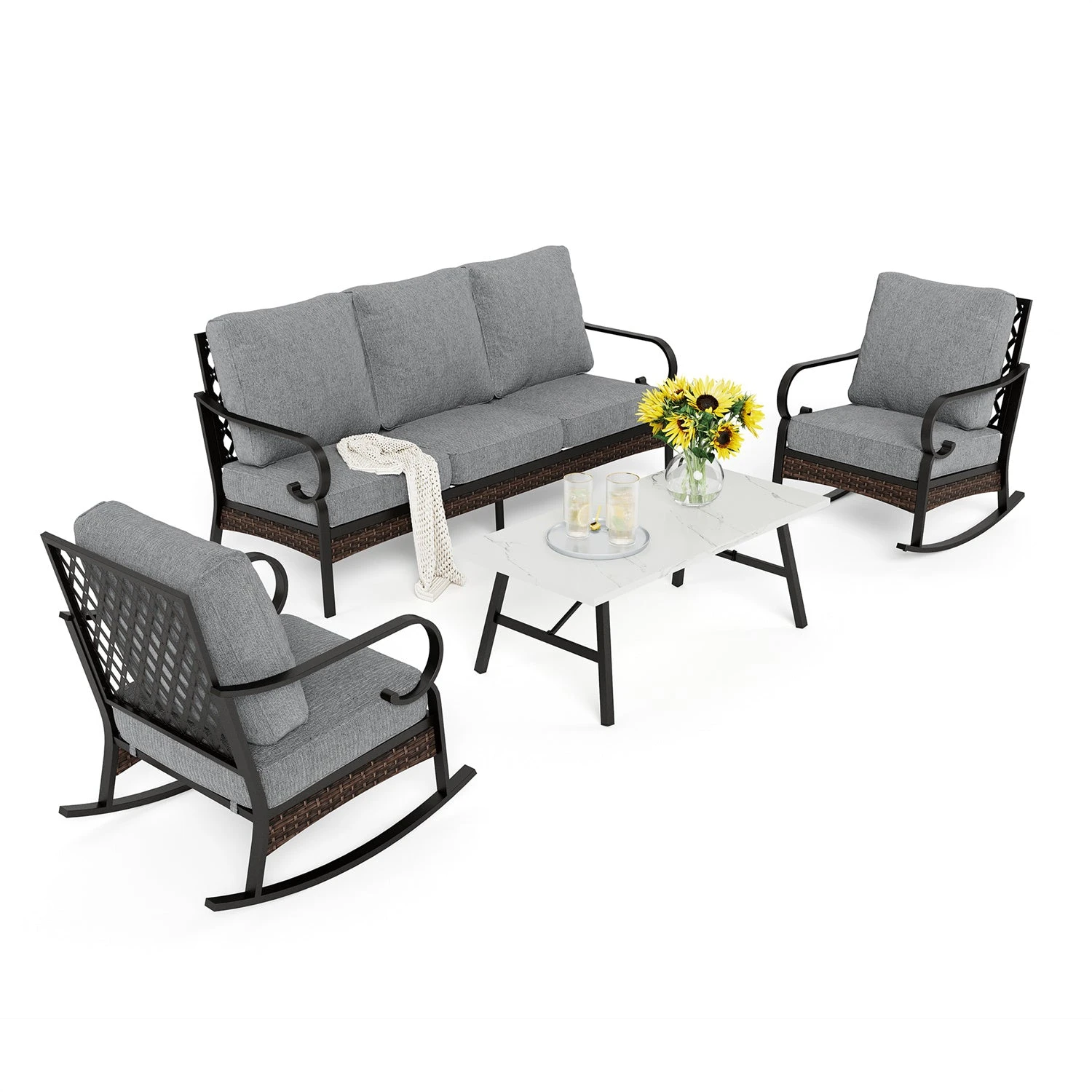 Phi Villa 5-Seater Outdoor Steel & Rattan Dark Color Sofa Set With Coffee Table 15 Phi Villa 5-Seater Outdoor Steel & Rattan Dark Color Sofa Set With Coffee Table - Image 13