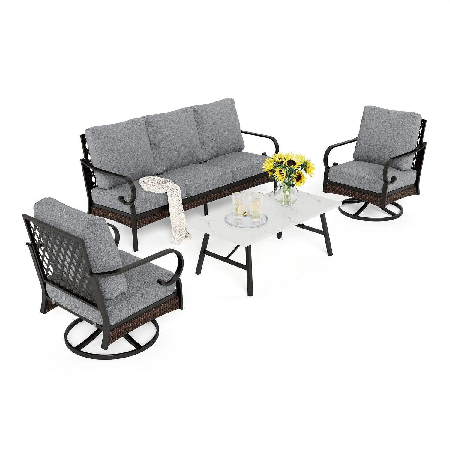 Phi Villa 5-Seater Outdoor Steel & Rattan Dark Color Sofa Set With Coffee Table 4 Phi Villa 5-Seater Outdoor Steel & Rattan Dark Color Sofa Set With Coffee Table - Image 2
