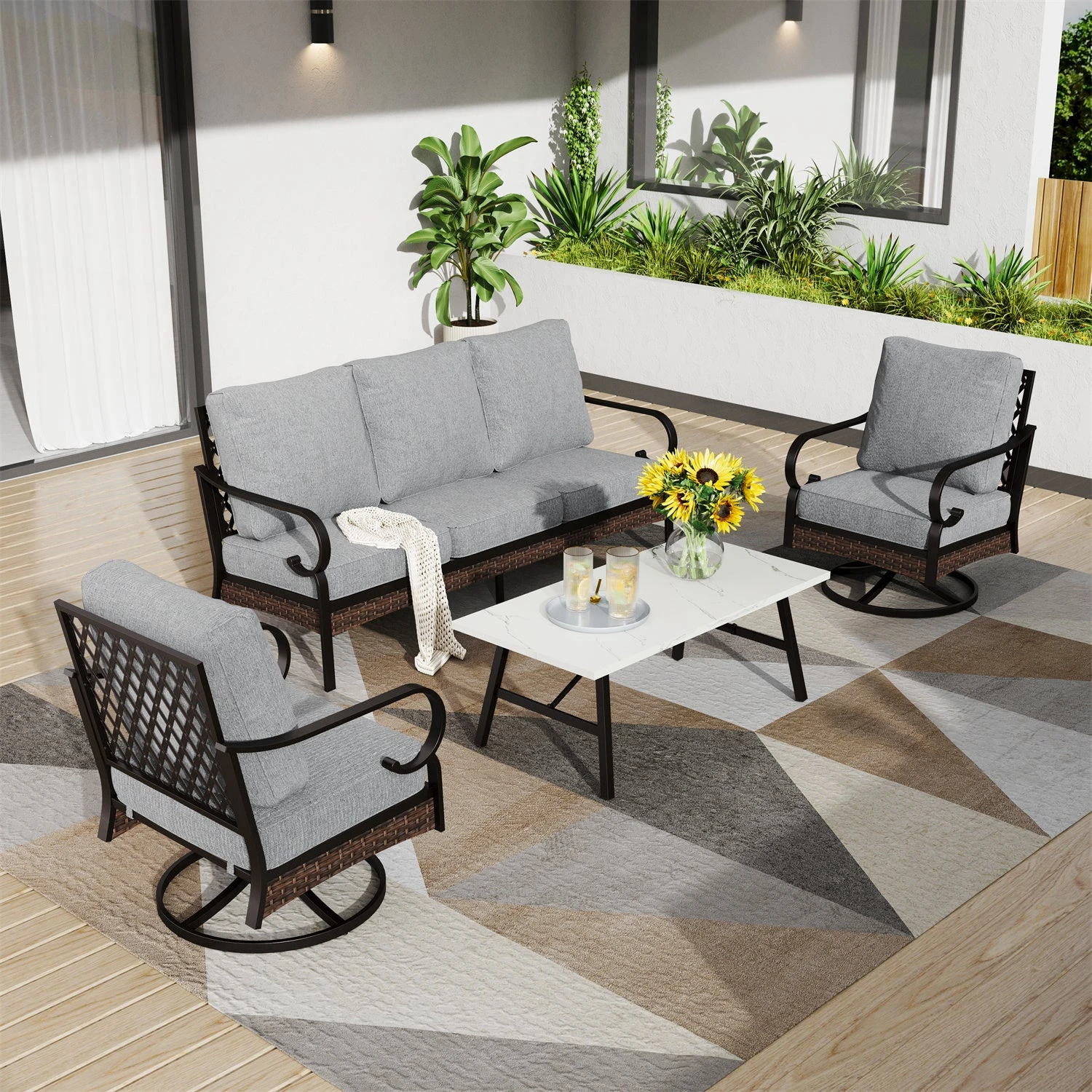 Phi Villa 5-Seater Outdoor Steel & Rattan Dark Color Sofa Set With Coffee Table 3 Phi Villa 5-Seater Outdoor Steel & Rattan Dark Color Sofa Set With Coffee Table