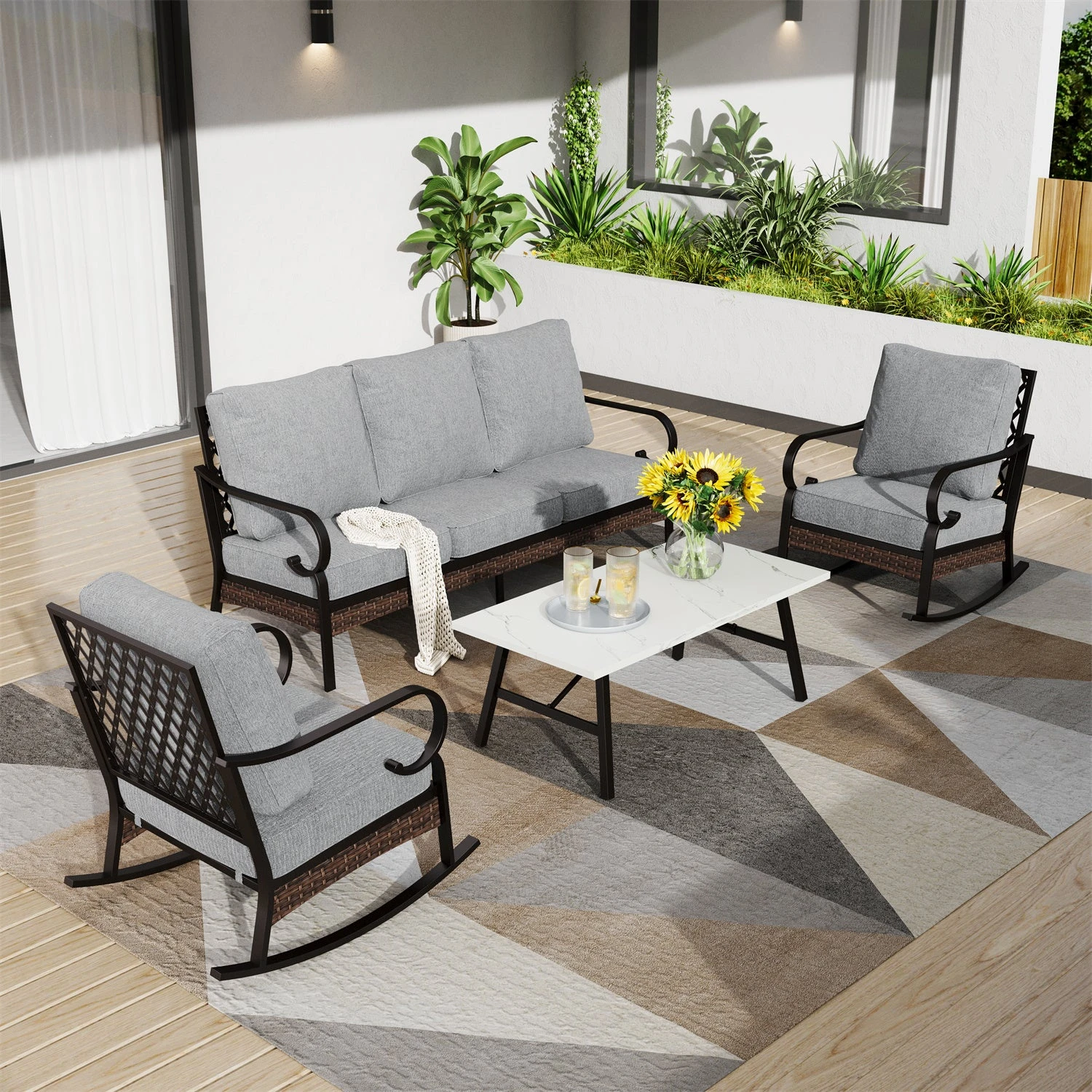 Phi Villa 5-Seater Outdoor Steel & Rattan Dark Color Sofa Set With Coffee Table 14 Phi Villa 5-Seater Outdoor Steel & Rattan Dark Color Sofa Set With Coffee Table - Image 12