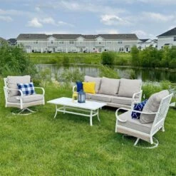 Phi Villa 5-Seater Outdoor Steel & Rattan Fresh Color Sofa Set With Coffee Table