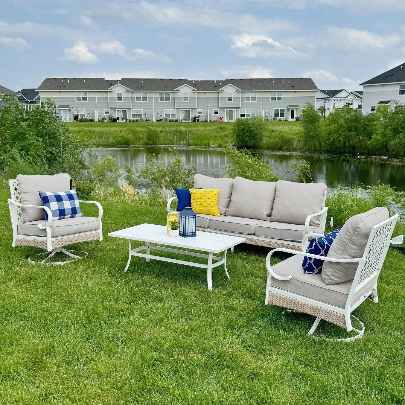 Phi Villa 5-Seater Outdoor Steel & Rattan Fresh Color Sofa Set With Coffee Table 3 Phi Villa 5-Seater Outdoor Steel & Rattan Fresh Color Sofa Set With Coffee Table