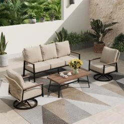 Phi Villa 5-Seater Outdoor Wicker & Steel Sofa Set With Elegant Rattan Backrest Design