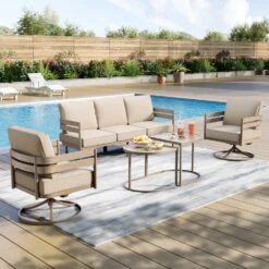 Phi Villa 5-Seater Patio Curved Metal Wood-Like Sofa Set