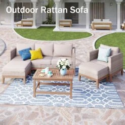 Phi Villa 5-Seater Patio Rattan & Acacia Wood Sofa Conversation Set -Phi Villa phi villa 5 seater patio rattan acacia wood sofa conversation set09