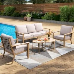 Phi Villa 5-Seater Patio Wood-Like Steel Conversation Sofa Set -Phi Villa phi villa 5 seater patio wood like steel sofa set05
