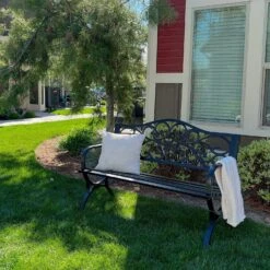 PHI VILLA 50 Inch Garden Patio Bench Cast Iron Steel Frame With Phalaenopsis Pattern -Phi Villa phi villa 50 inch garden patio bench cast iron steel frame with phalaenopsis pattern02