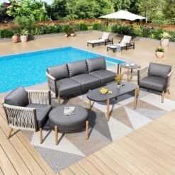 Phi Villa 6-Seater Modern Gray Woven Rope Outdoor Sofa