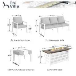 Phi Villa 7-Seater Patio Aluminum Sofa With Rectangle Metal Gas Fire Pit Table -Phi Villa phi villa 7 seater contemporary patio aluminum sofa cushions03