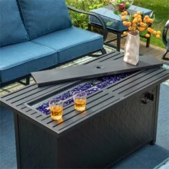 Phi Villa 5-Seater Patio Steel Conversation Sofa Sets With Leather Grain Fire Pit Table -Phi Villa phi villa 7 seater cowboy blue patio steel sofa with coffee table cushions backyard07 c00cd84f d03d 4ff7 88e0 2f850791af0e