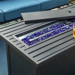 Phi Villa 5-Seater Patio Steel Conversation Sofa Sets With Leather Grain Fire Pit Table -Phi Villa phi villa 7 seater cowboy blue patio steel sofa with coffee table cushions backyard08 16420e9f ebdb 460e a842 f9577ffedf30