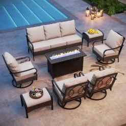 Phi Villa 9-Seat Outdoor Steel & Rattan Conversation Sofa Set With Leather Grain Fire Pit Table -Phi Villa phi villa 9 seat outdoor steel rattan conversation sofa set with leather grain fire pit table02 191e7928 8d11 4e1b 99f4 cd3c40643764
