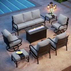 Phi Villa 9-Seater Patio Steel Conversation Sofa Sets With Leather Grain Fire Pit Table