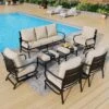 Phi Villa Outdoor Steel Motion Sofa Sets With Leather Grain Fire Pit Table For Sale -Phi Villa phi villa fire pit sofa set