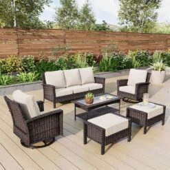 Phi Villa Outdoor Rattan Furniture Wicker 7-Seater Patio Swivel Sofa Sets With Coffee Table