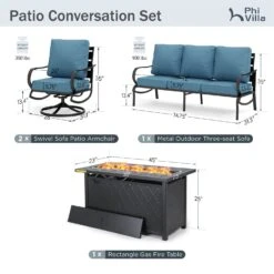Phi Villa 5-Seater Patio Steel Conversation Sofa Sets With Leather Grain Fire Pit Table -Phi Villa phi villa outdoor denim blue patio steel sofa set12