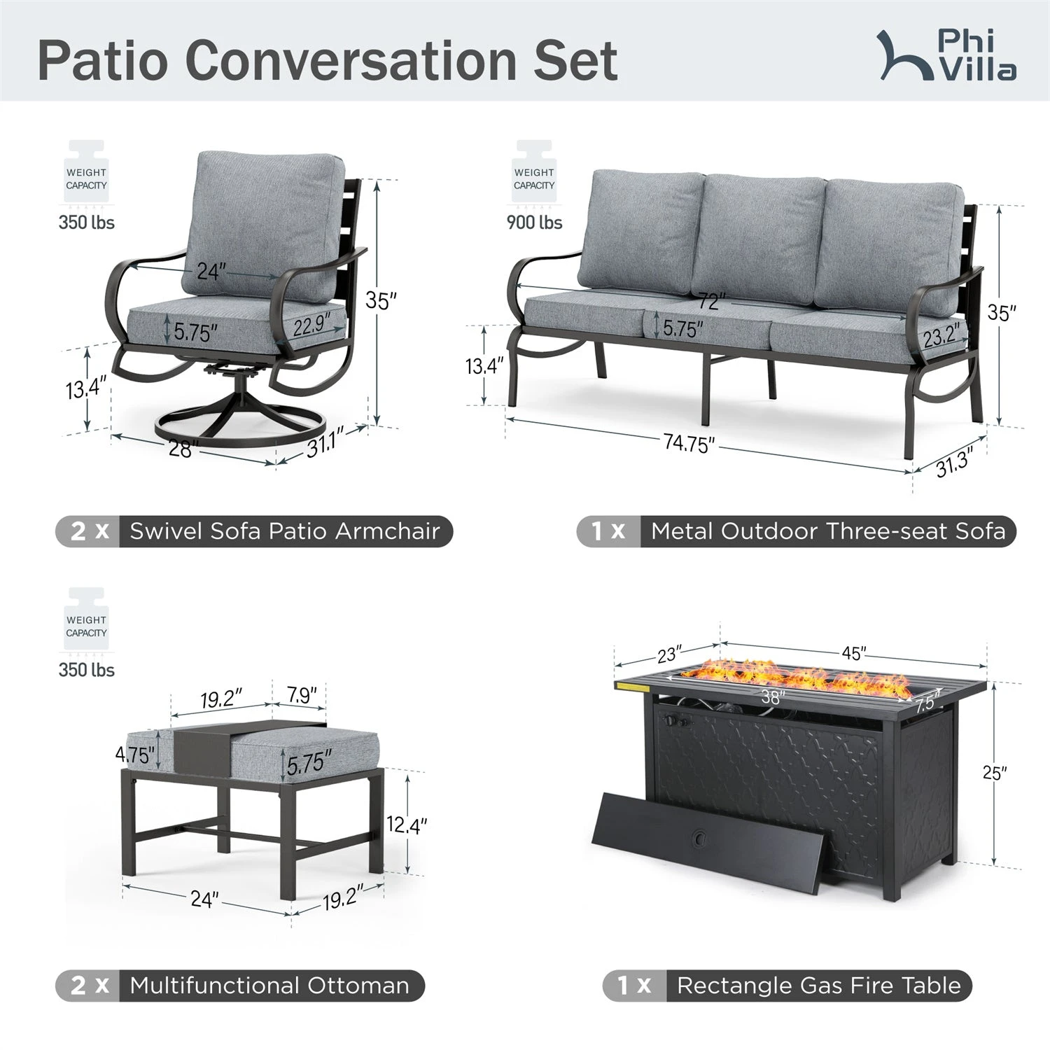Phi Villa 7-Seater Patio Steel Conversation Sofa Sets With Leather Grain Fire Pit Table 12 Phi Villa 7-Seater Patio Steel Conversation Sofa Sets With Leather Grain Fire Pit Table - Image 10