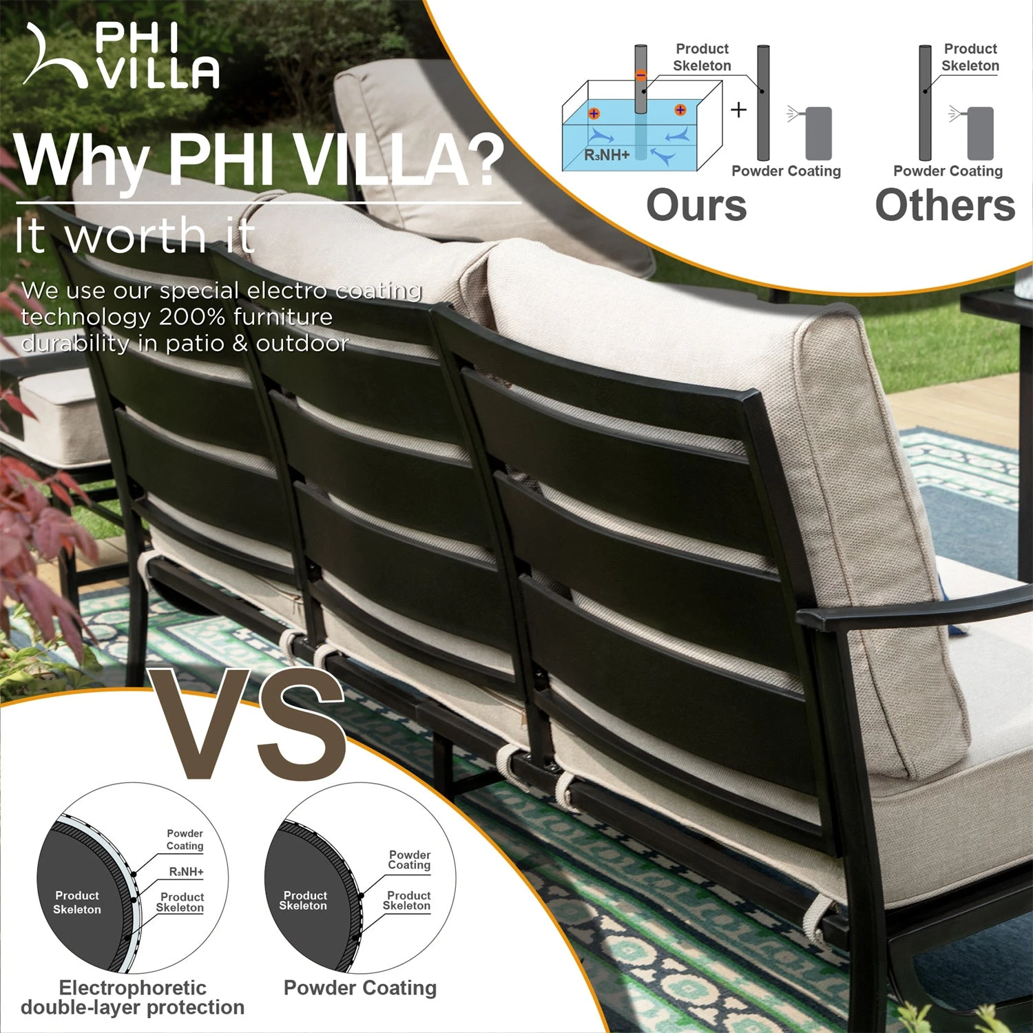 Phi Villa Outdoor Steel Motion Sofa Sets With Leather Grain Fire Pit Table For Sale 5 Phi Villa Outdoor Steel Motion Sofa Sets With Leather Grain Fire Pit Table For Sale - Image 3