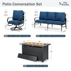 Phi Villa 5-Seater Patio Steel Conversation Sofa Sets With Leather Grain Fire Pit Table -Phi Villa phi villa outdoor peacock blue steel sofa set03