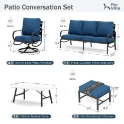 Phi Villa 7-Seater Patio Steel Conversation Sofa Set With Coffee Table & Ottomans -Phi Villa phi villa outdoor peacock blue steel sofa set27