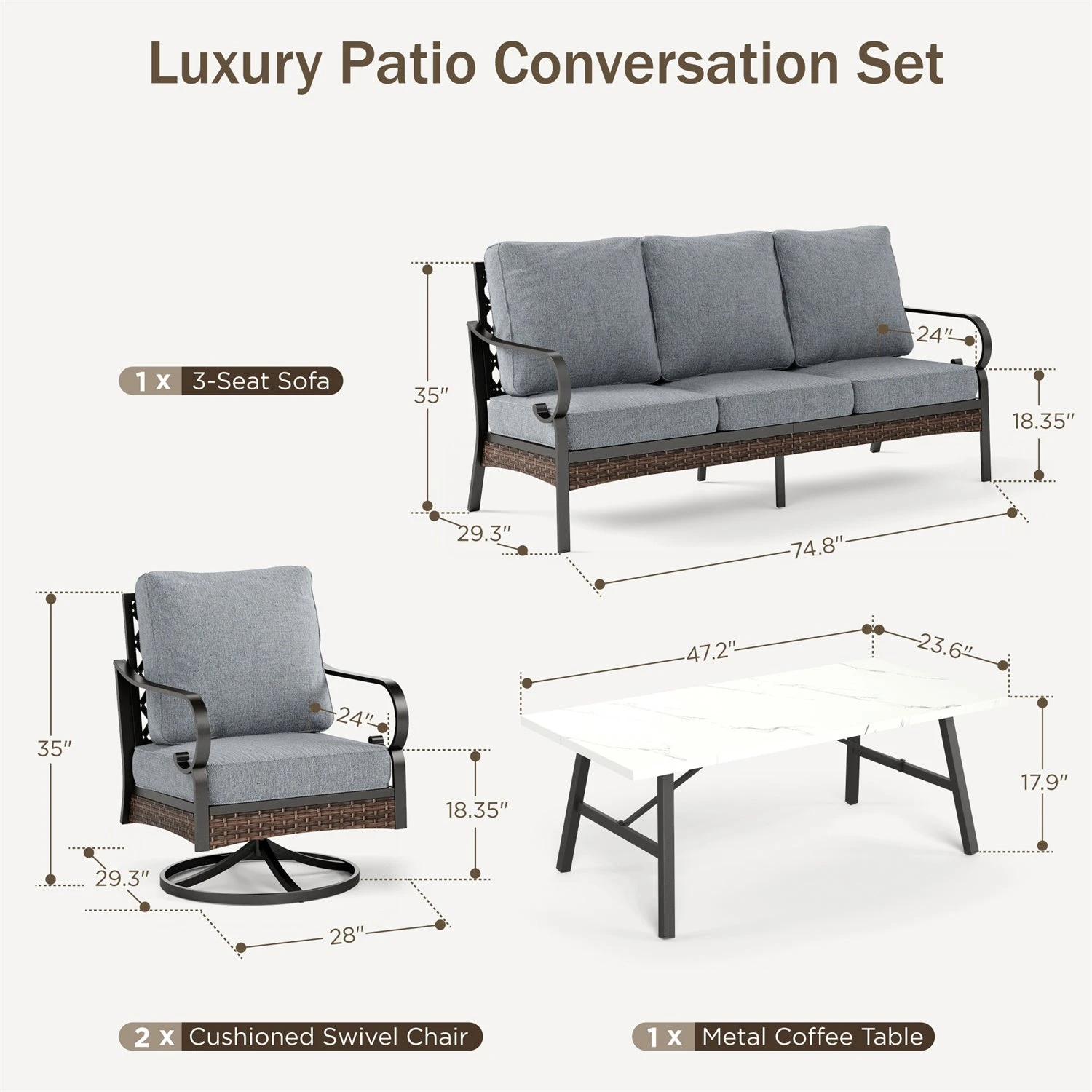 Phi Villa 5-Seater Outdoor Steel & Rattan Dark Color Sofa Set With Coffee Table 13 Phi Villa 5-Seater Outdoor Steel & Rattan Dark Color Sofa Set With Coffee Table - Image 11