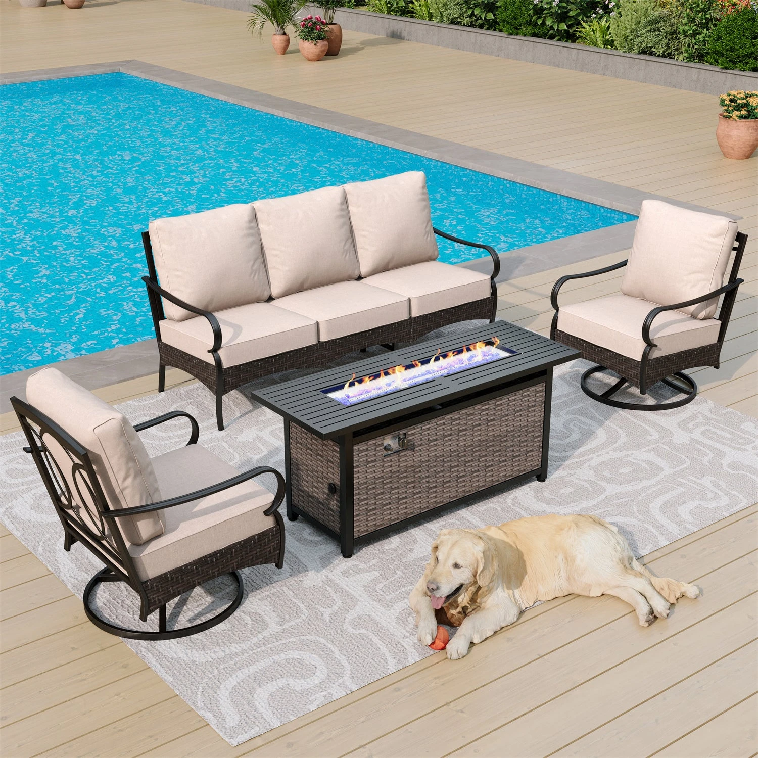 Phi Villa 5-Seater Outdoor Steel & Rattan Sofa Set With Rectangle Fire Pit Table 14 Phi Villa 5-Seater Outdoor Steel & Rattan Sofa Set With Rectangle Fire Pit Table - Image 12